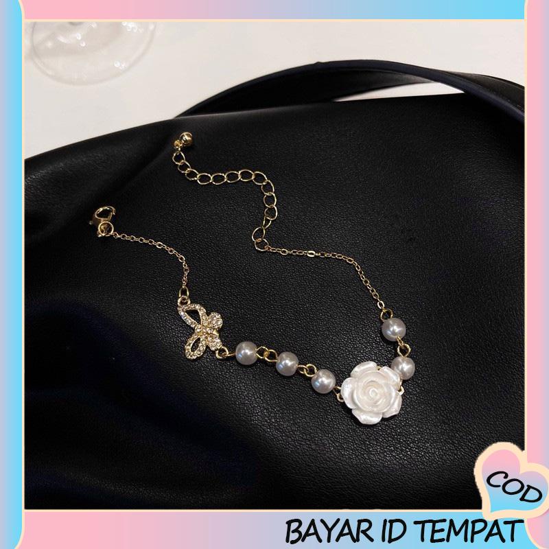 COD❤️ Desain Niche Indah Mutiara Busur Mawar Kalung Gadis Temperamen-A.one