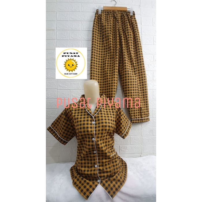 Setelan Lengan Pendek Piyama Baju Tidur Wanita Guilen Kotak Pajamas Cewek Dewasa Kekinian Abg-L LuminaPendk Kuning