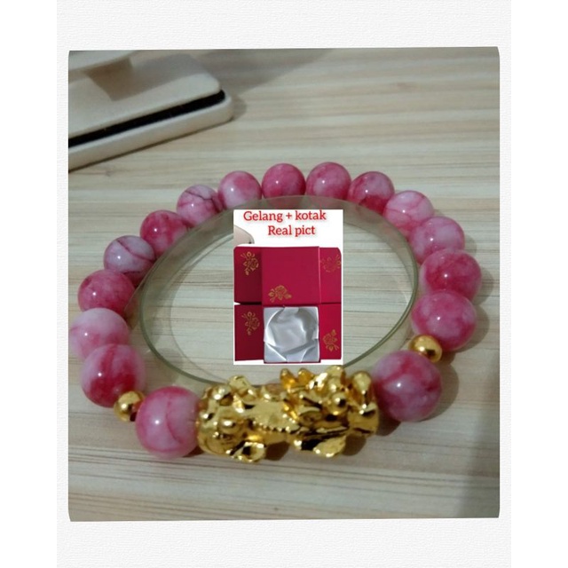 Gelang Batu Pink + Pixiu Mas 10mm / M1 Pink + Kotak mewah