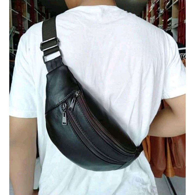 tas WAISTBAG kulit asli pria wanita terlaris WATERPROOF LIPAT pinggang slempang paha MUrAH selempang