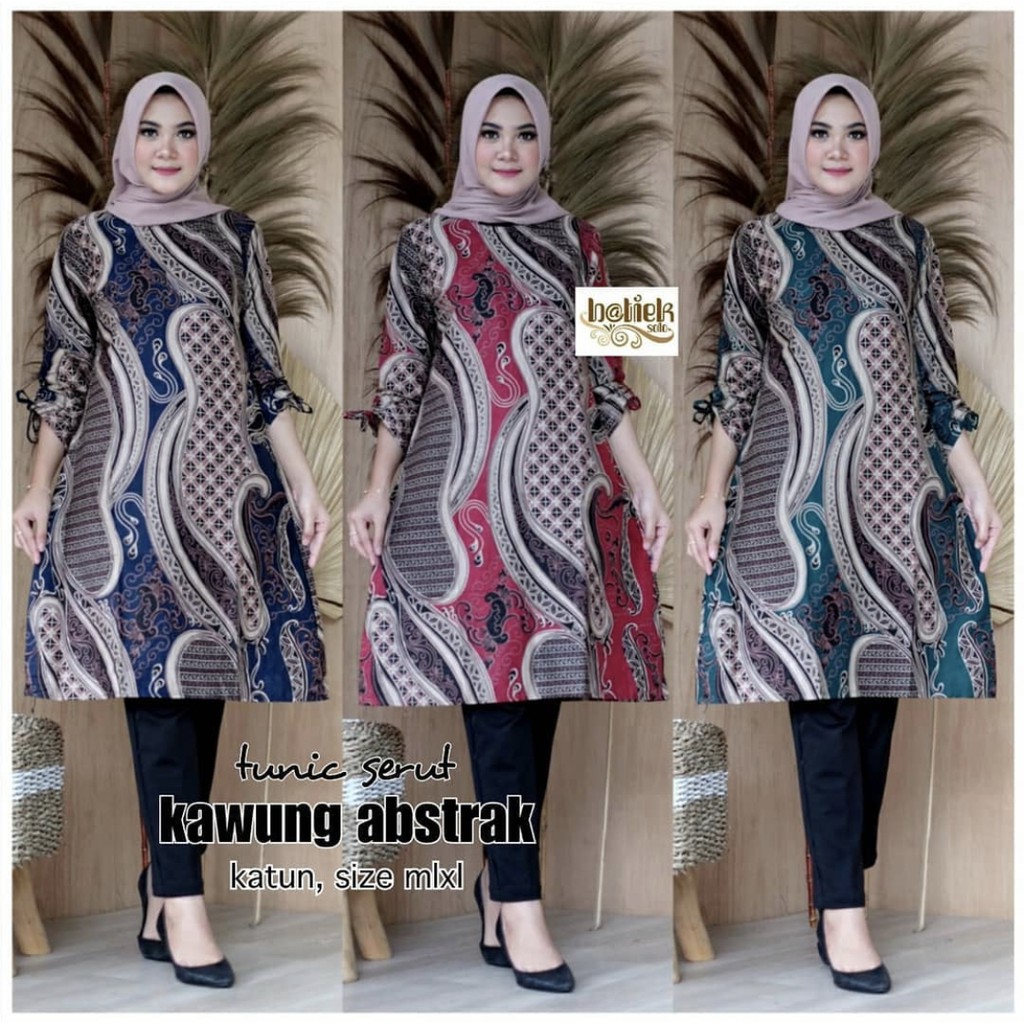 Tunik Serut Kawung Abstrak Batik Sarimbit Modern Tunik Midi Muslim Couple Kantor Kerja Kondangan