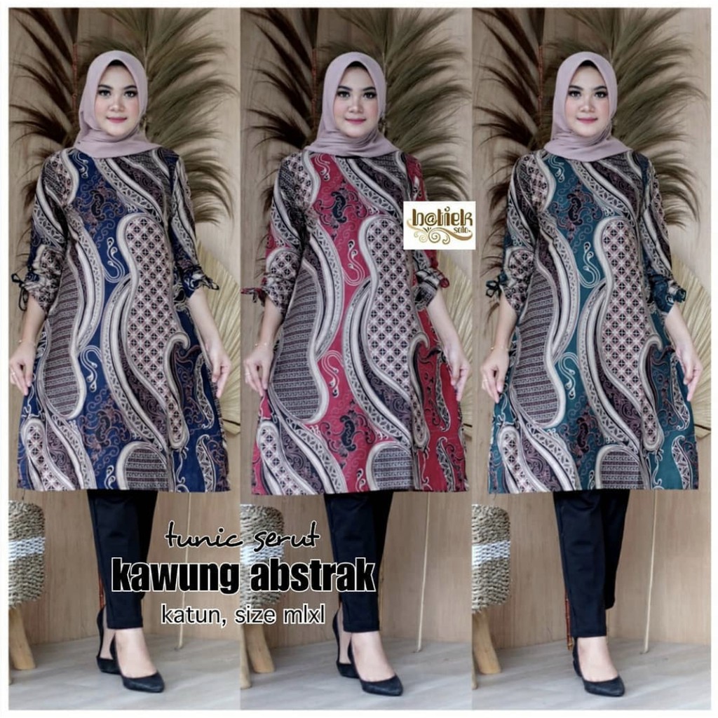 Couple Tunik Serut Kawung Abstrak Batik Sarimbit Modern Tunik Midi Muslim Kantor Kerja Kondangan