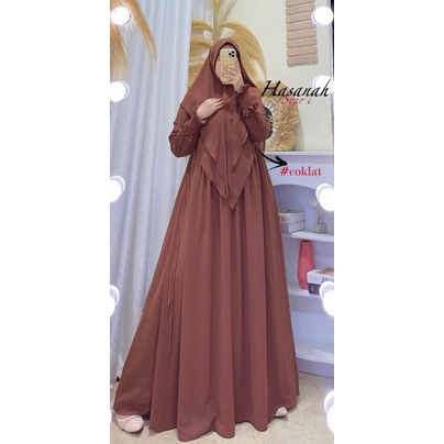 Gamis syari hasanah bahan ceruty baby doll premium full furing / busui / resleting-Mocca