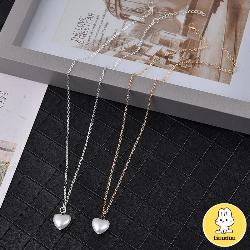 Kalung Rantai Clavicle Desain Hati Hias Mutiara Aksesoris Wanita -Doo