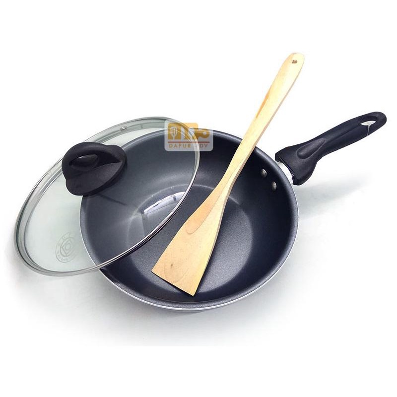 Wajan Stir Wok Supra  Tutup Kaca + Spatula 22 cm