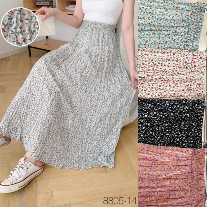 Korean Chiffon Flower Pleated Long Skirt Import Premium ( Rok Sifon Korea Prisket Panjang )