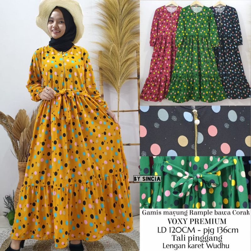 Gamis busui rempel 2 susun motif polkadot color lengan smoked bahan voxy premium merk sincia