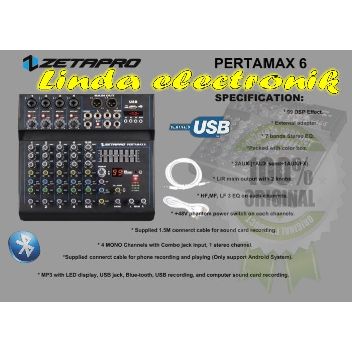 MIXER ZETAPRO PERTAMAX 6 BLUETOOTH SOUNDCARD 6 CHANNEL