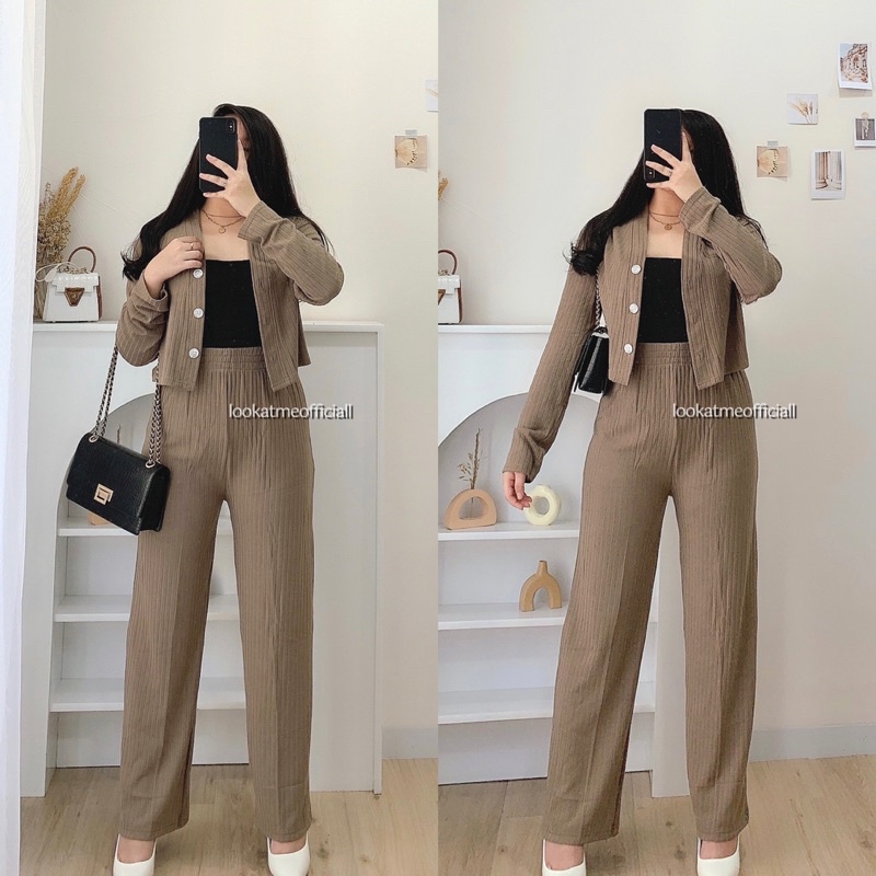 Lookatmeofficial • Set Casey Premium Knit (Cardi+Pants) / Setelan Wanita Crop dan Celana Kulot