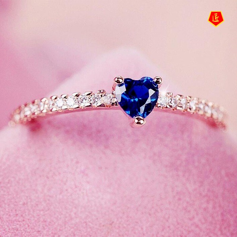 [Ready Stock]Simple Personality 18K Rose Gold Heart-Shaped Blue Diamond Ring