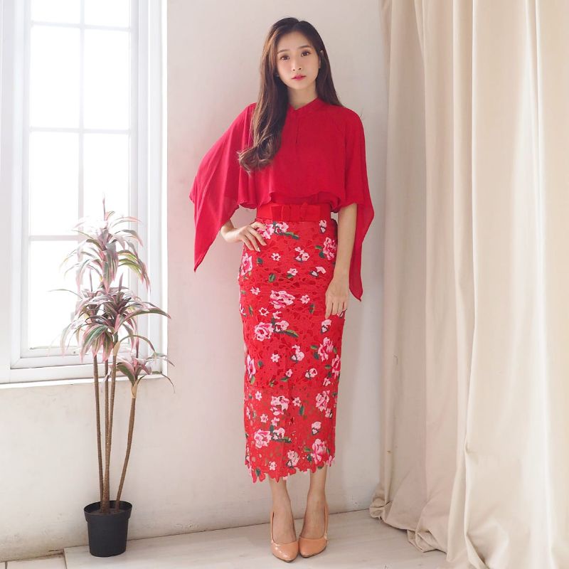 MDLV ~ 8473 CNY Goddy Top Red Women Batwing Top Blouse Red Blouse Atasan Batwing Import Blouse Korea Blouse Premium Blouse Import Fashion Import