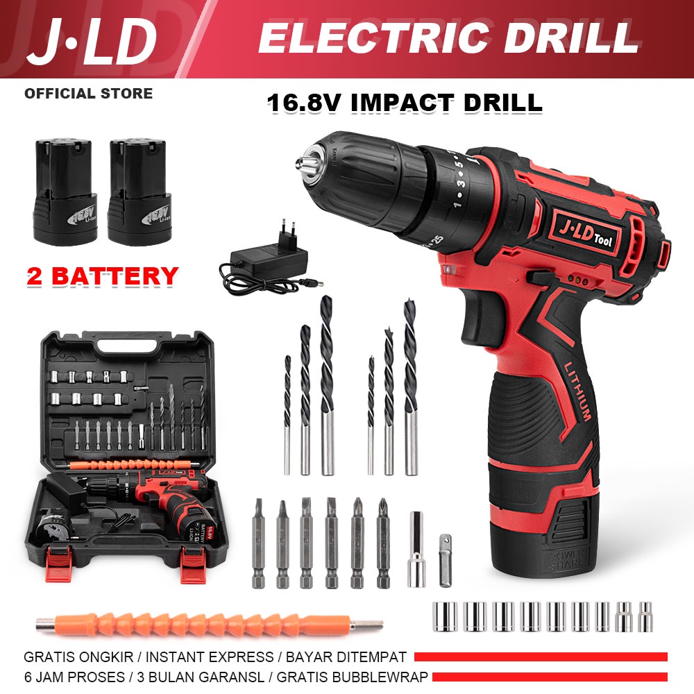 JLD 16.8V  bor charger bor cas murah 2 baterai promo bor battery Cordless drill mesin bor batre jld tool impact fullset bisa COD