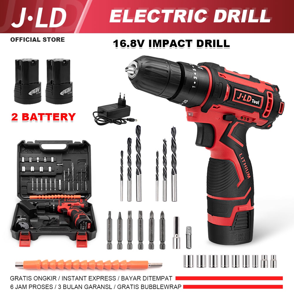 JLD 16.8V  bor charger bor cas murah 2 baterai promo bor battery Cordless drill mesin bor batre jld 