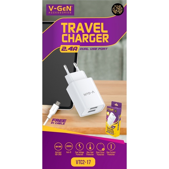 Adaptor Charger V-GeN VTC2-17 2.4A Dual Port USB Travel Charger Adaptor VGEN