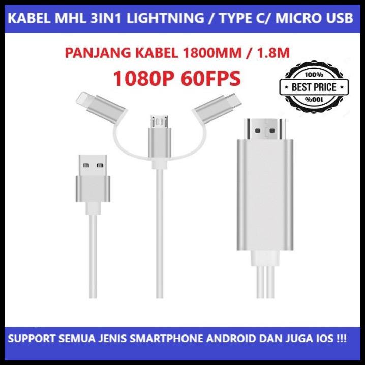 Kabel Mhl 3In1 / 3 In 1 Type C Lightning Micro Usb To Hdmi Hdtv 1.8M