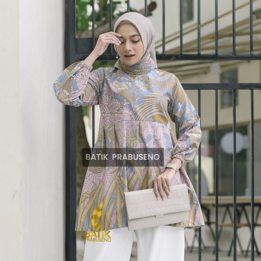 MILEA  Tunik Atasan Batik Wanita Lengan Panjang Original Prabuseno Modern PremiumKekinian Big Size F
