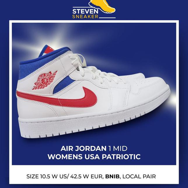 ✨ CUCI GUDANG SEPATU OLAHRAGA✨ AIR JORDAN 1 MID WMNS PATRIOT USA - PUTIH, 44.5 ,SEPATU BASKET
