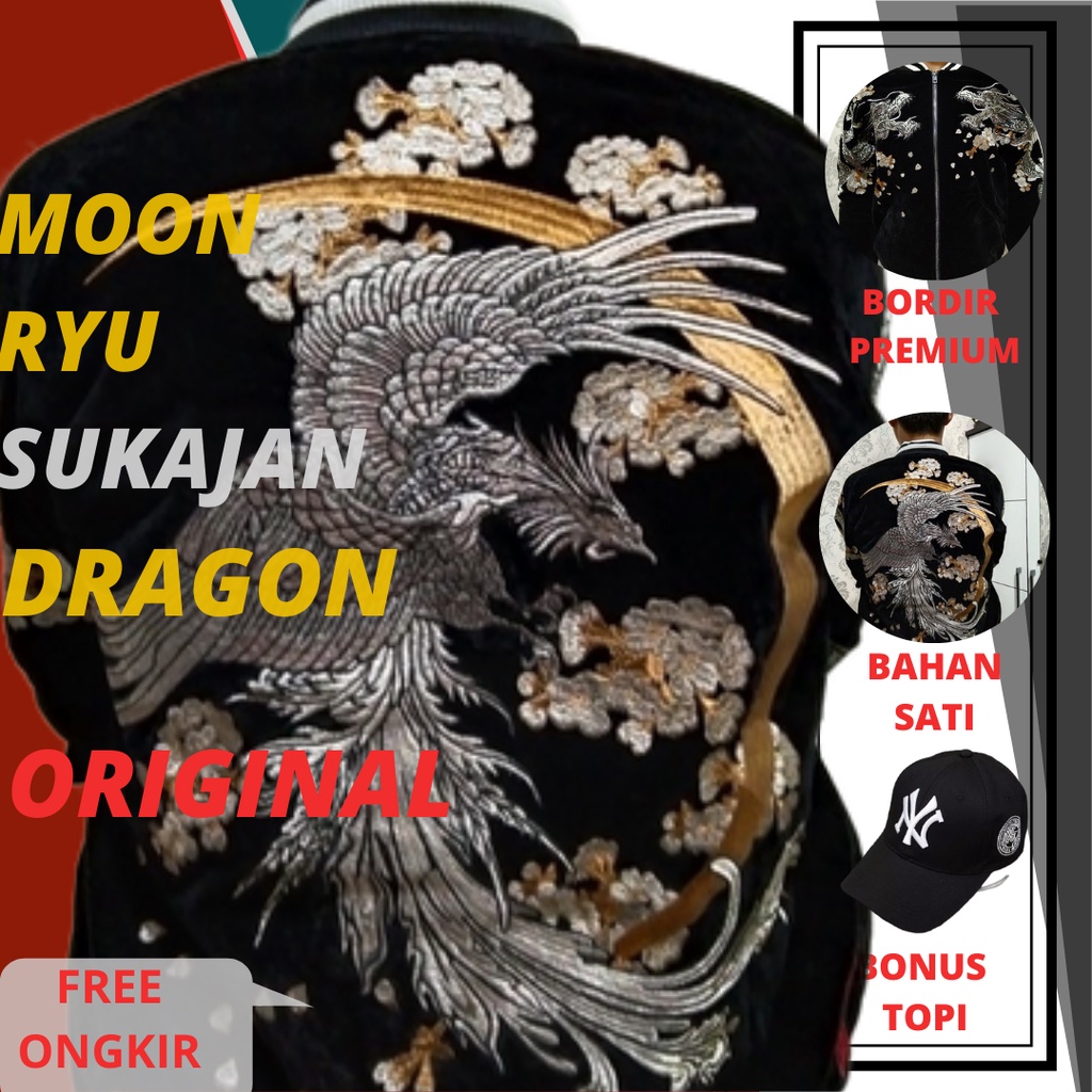 Sukajan Dragon moon ryu hitam original Jacket cowok terbaru Sukujan velvet bordir motif naga murah