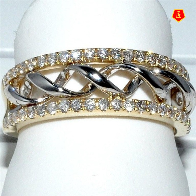 [Ready Stock]18K Gold Split Two-Tone Diamond Ring Fashion All-Match Women's