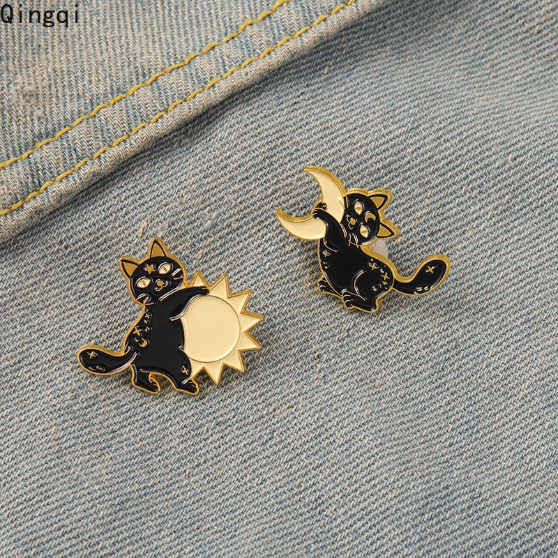 Bros Pin Enamel Bentuk Kucing Hitam Bulan Bintang Untuk Pakaian