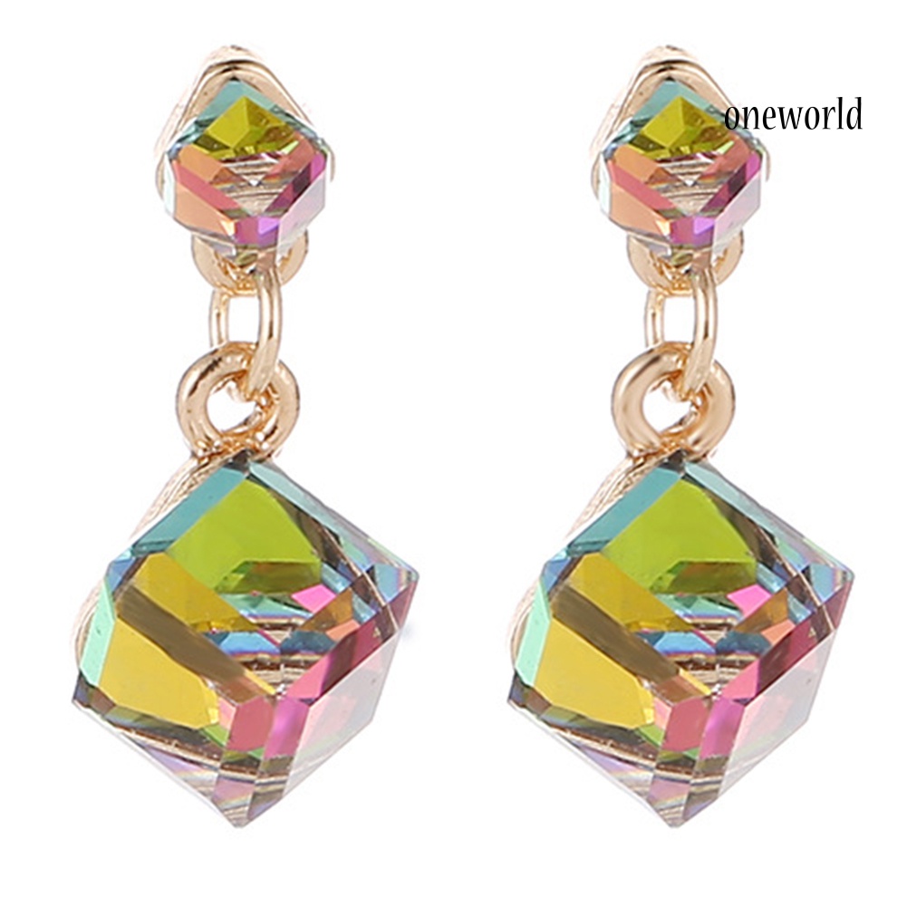 OW@ Women Fashion Geometric Cube Rhinestone Pendant Stud Earrings Party Jewelry