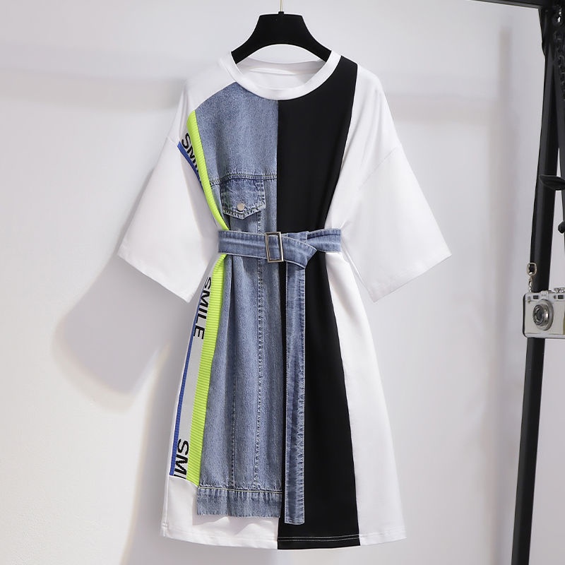 Denim stitched T-shirt dress women's summer 2021 new design sense, small people close the waist and