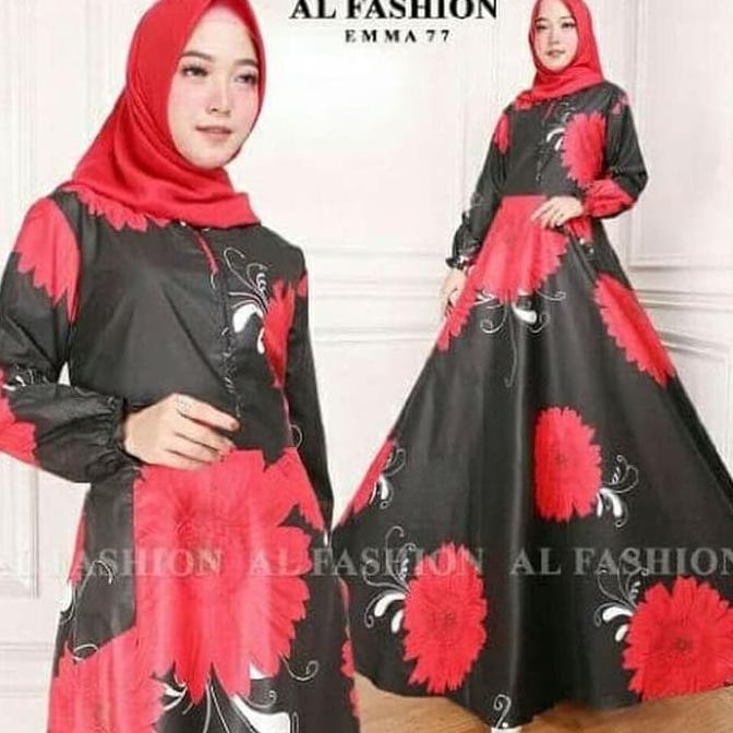 BAJU GAMIS MUSLIM KATUN MEWAH MERAH HITAM / GAMIS PESTA CANTIK