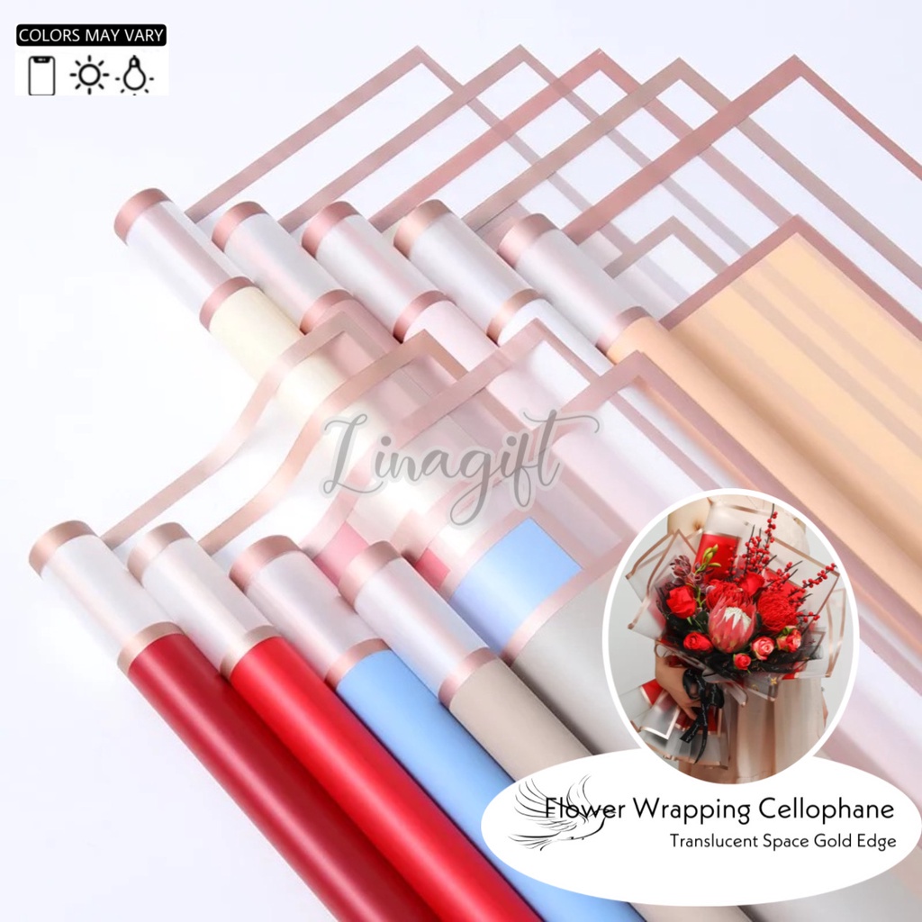 ( 5 Lembar ) TRANSLUCENT SPACE GOLD EDGE - FLOWER WRAPPING PAPER PLASTIC CELLOPHANE GOLD LINE MATTE