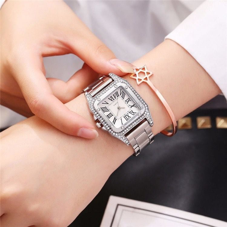 JAM TANGAN WANITA SEGI DIAMOND KOTAK RANTAI PERMATA ANALOG CASUAL RANTAI