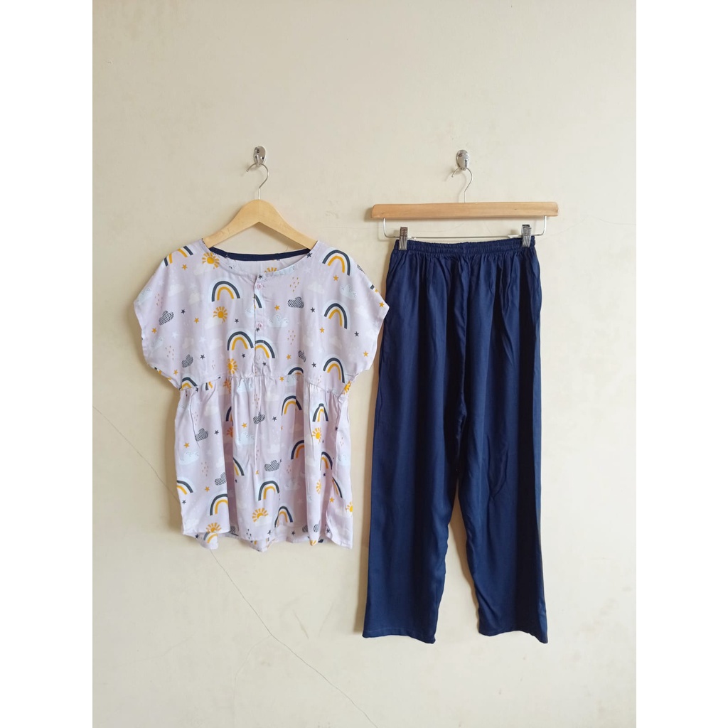 SETELAN BAJU TIDUR PIYAMA WANITA ONE SET PAJAMAS RUFFLE KANCING BUSUI CELANA PANJANG-BBR 19