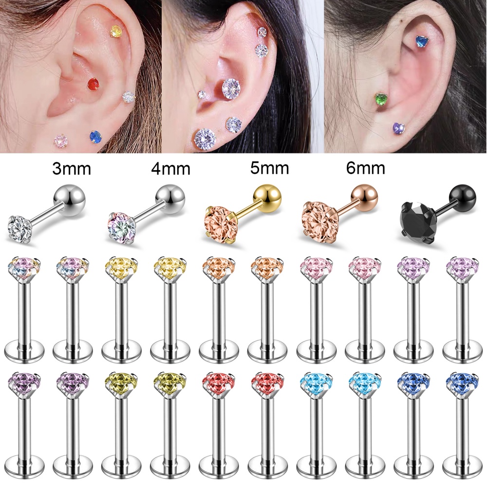 4-24pcs / lot Anting Stud Helix Tulang Rawan Bentuk Bulat Aksen Kristal Bahan Stainless Steel Ukuran 3 / 4 / 5 / 6MM