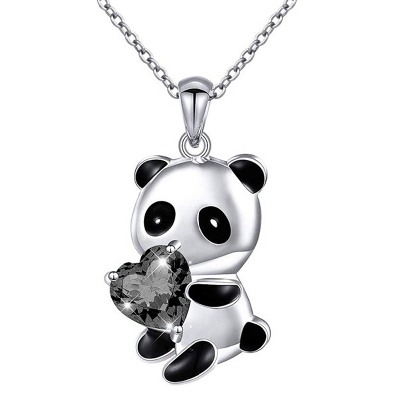 Kalung Rantai Liontin Panda Hati Aksen Berlian Warna Silver Untuk Aksesoris Sweater