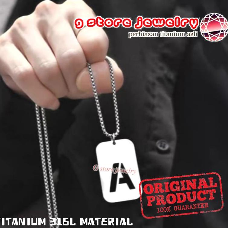 kalung titanium pria anti karat asli original ori emas putih silver perak liontin army huruf inisial