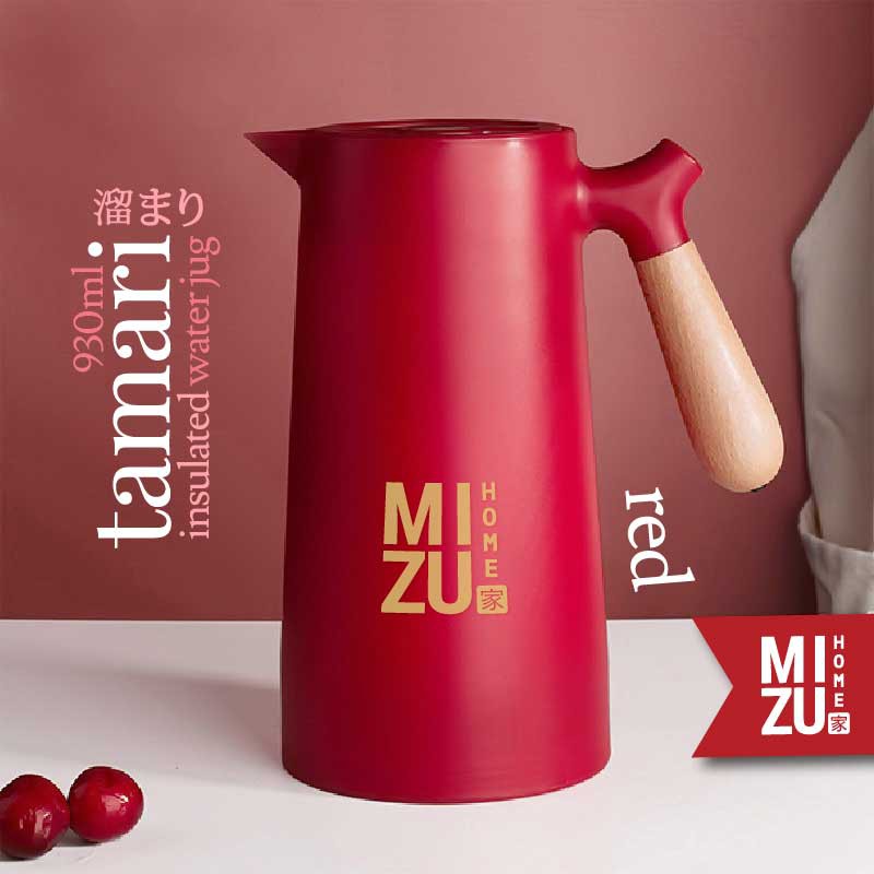 MIZU TAMARI 930ml Insulated Water Jug Teko Termos Kaca Air/Kopi/Teh Panas/Dingin Thermos Glass Jug-RED merah