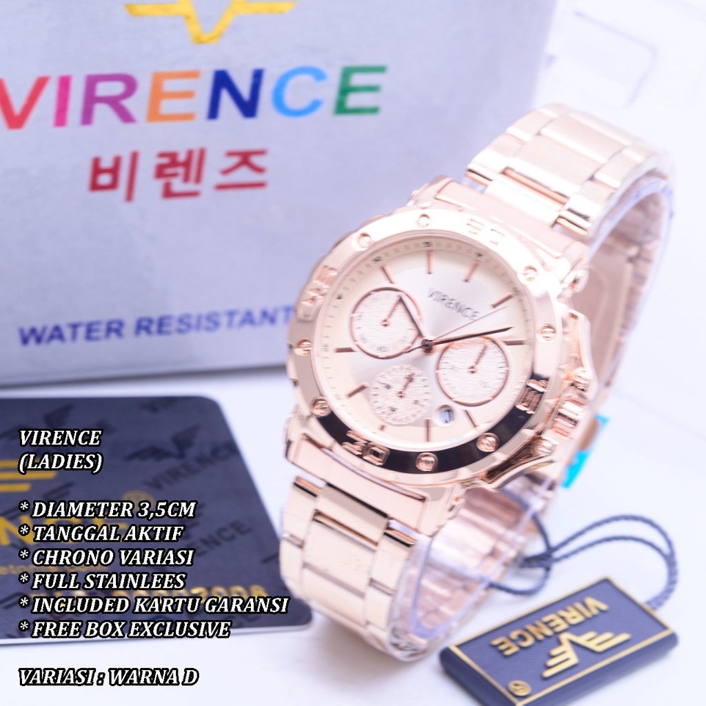 (FREE BOX) JAM TANGAN WANITA VIRENCE RANTAI BODY BULAT TANGGAL AKTIF CHRONO VARIASI