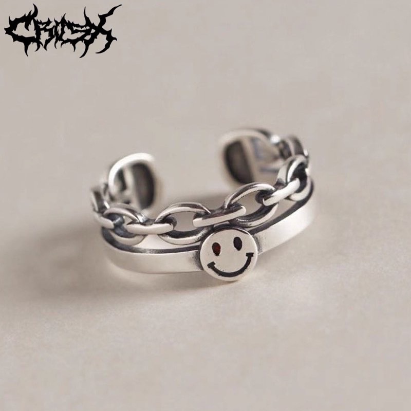 2PCS SMILEY CHAIN RING SET / HIP HOP PUNK SILVER METAL RING SET / CINCIN SET 2 IN 1 VINTAGE SMILE CHAIN RING SPIRAL RING CINCIN SENYUM CINCIN SPIRAL CINCIN COUPLE RING KOREAN STYLE RING CINCIN STYLE KOREA CINCIN AESTHETIC RING CINCIN PRIA CINCIN WANITA