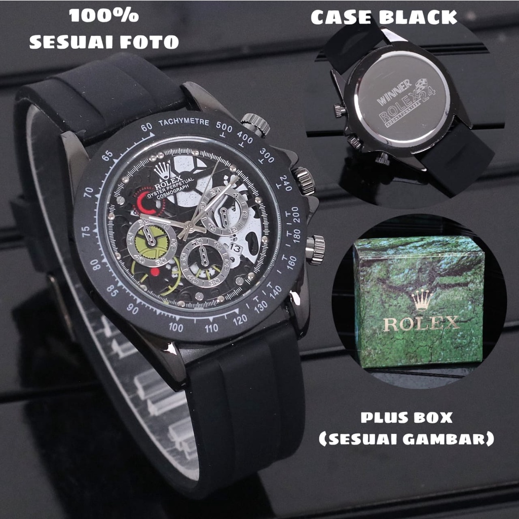 COD Jam Tangan Pria Rolex Tali Karet Body Bulat Hitam Chrono Variasi Tanggal Aktif Box Exclusive