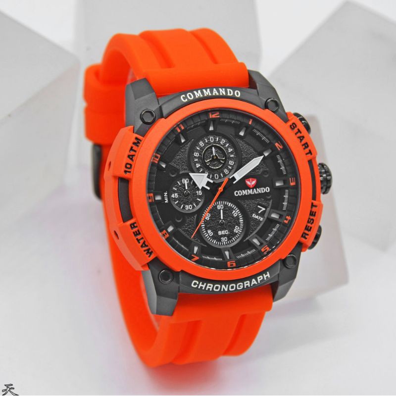 Jam Tangan Pria Commando Cm7004M Orange Strap Rubber Original Garansi 1 Tahun