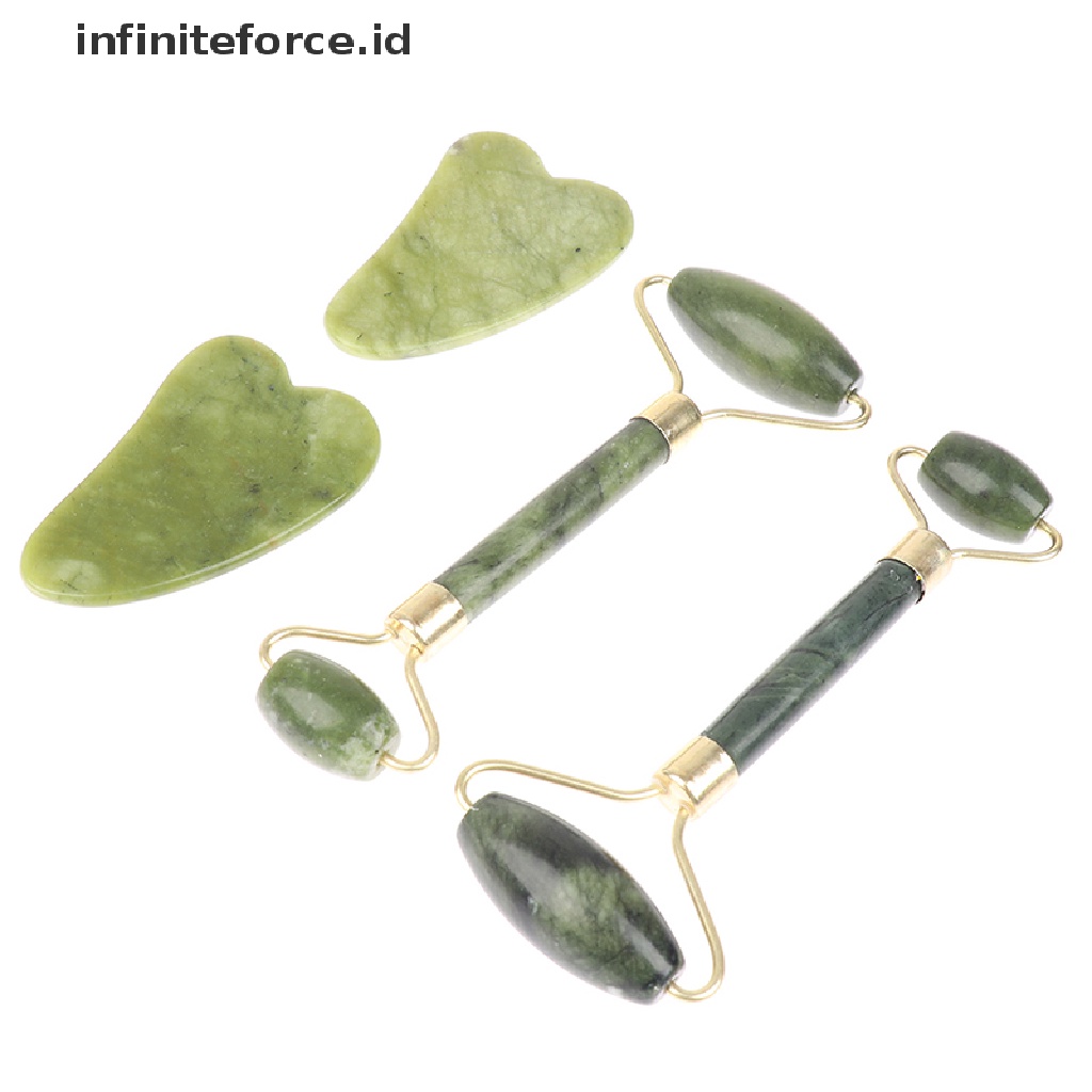 Infiniteforce.id Set Alat Pijat Roller Batu Giok Guasha Alami + Scraper Untuk SPA Wajah