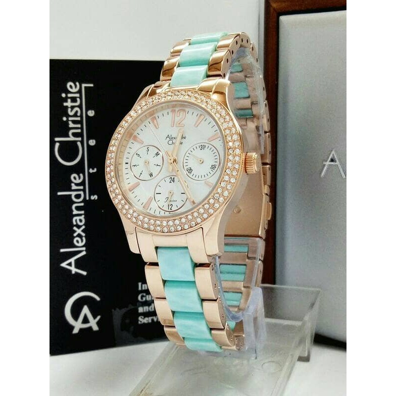 ALEXANDRE CHRISTIE WATCH AC 2608 MULTIFUNGTION WANITA ROSEGOLD BLUE ORI