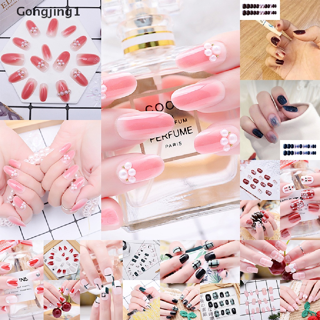 Gongjing1 Stiker Kuku Palsu Full Cover Bahan Akrilik Reusable Untuk Nail Art