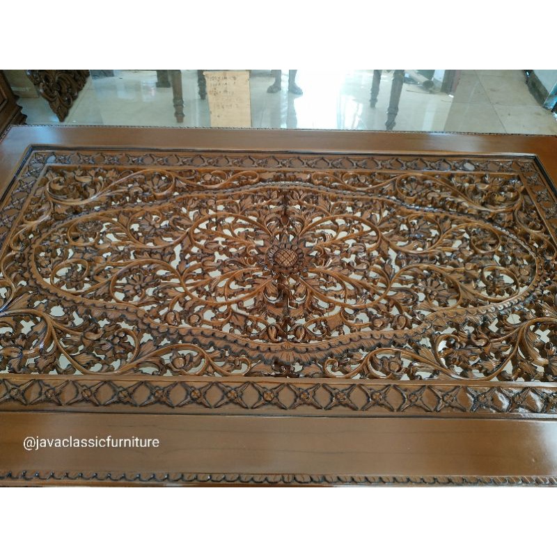 MEJA MAKAN DIMENSI KRAWANG 170x1METER + KACA UKIRAN JATI FURNITURE JEPARA MEBEL-2