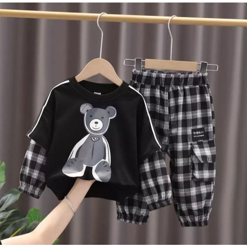 Set Terbaru | Setelan Baju Anak Laki-laki Dan Perempuan Umur 1-5 Tahun/Setelan Kaos Bear kotak Anak Laki-laki Dan Perempuan