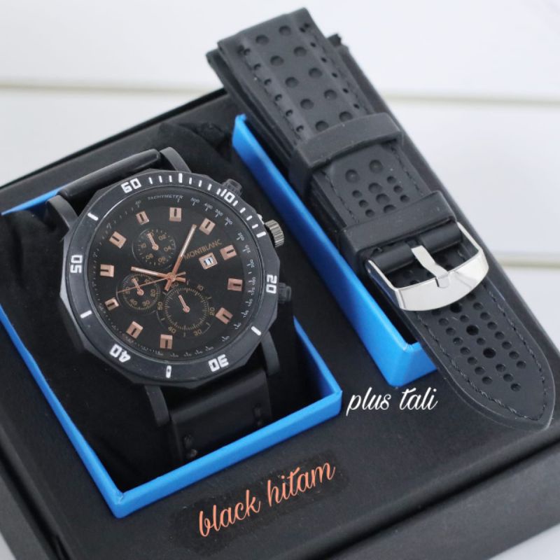 Jam Tangan Pria Montblanc Tanggal Aktif S85L09 Strap Kulit Plus Tali Rubber Free Baterai & Box ( Bis