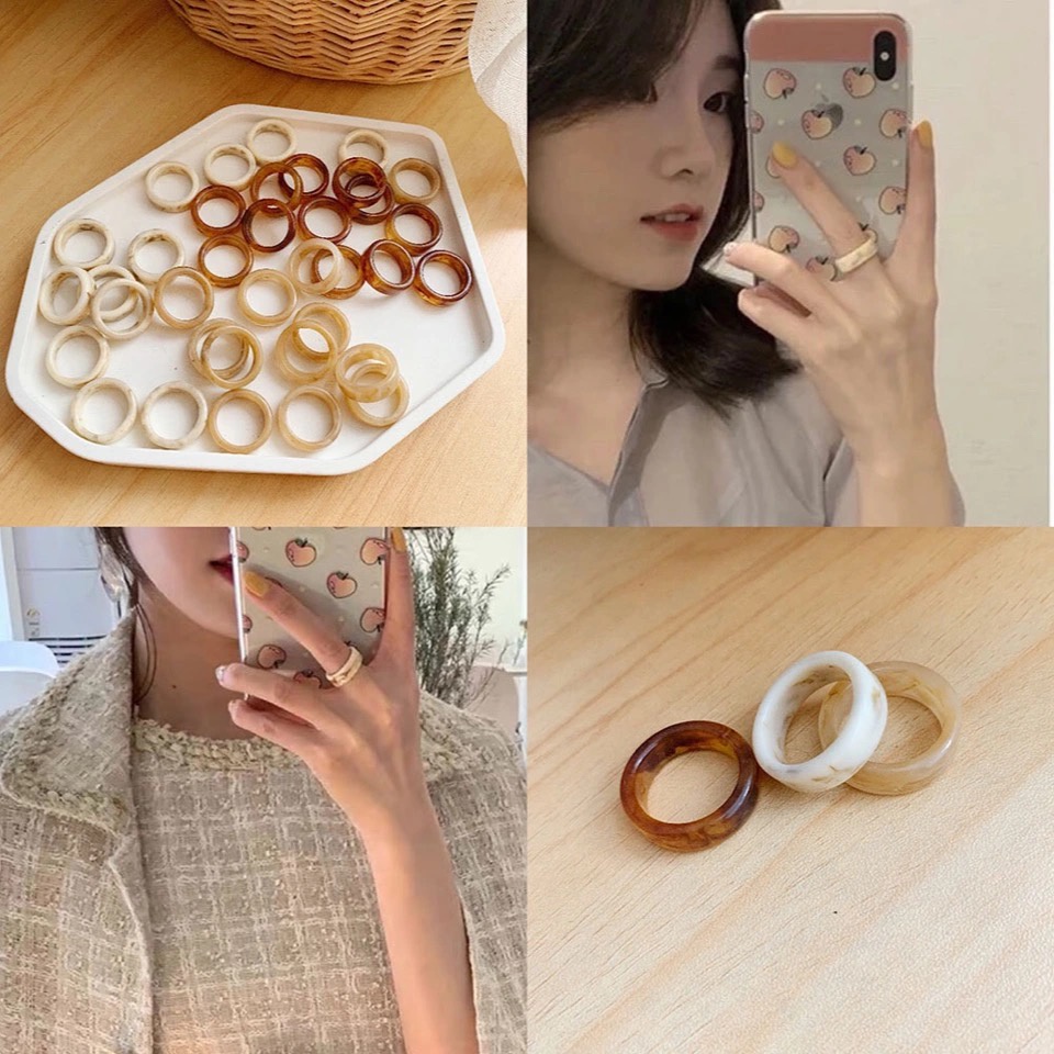 3Pcs 17mm Korea Amber Acrylic Resin Round Width Rings Set for Women Girls Jewelry Party Gifts