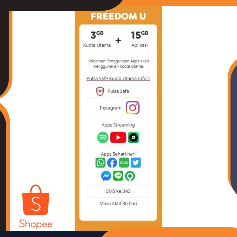 Murah INDOSAT KUOTA FREEDOM U 3GB  + 15GB APPS & SMS INDOSAT (30 HARI) Elegan
