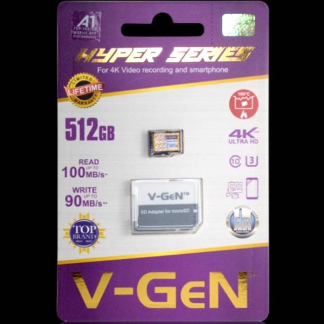 Memori Micro Sd V-Gen Memory Card 512 + Adaptor Hyper Class 10 Vgen Original Mmc Tf Kamera Dslr