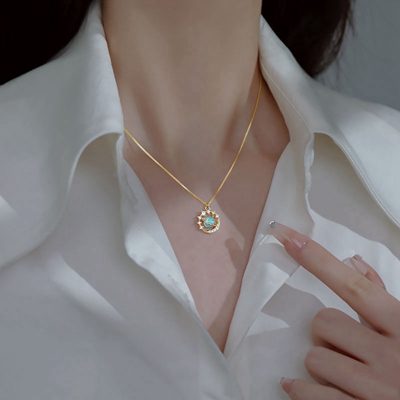 Kalung Liontin Planet Bintang Aksen Kristal Gaya Korea Untuk Wanita