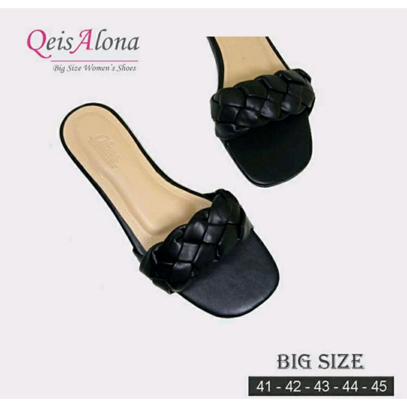 Sandal Qeis-1Black Big Size 41-45 Sendal Kepang Wanita Kulit Hitam / Sandal Kulit JUMBO Kaki Lebar Gemuk, 42