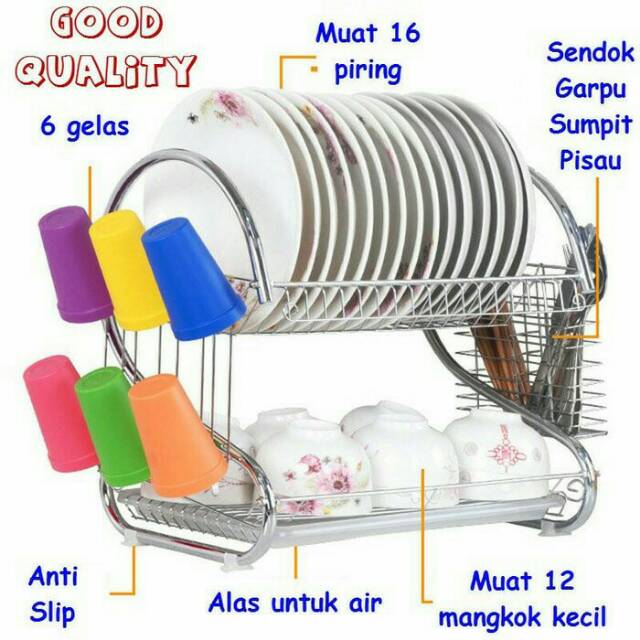 Rak Piring 2 Susun Tingkat Dish Rack Tier Stainless Steel Drainer